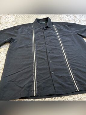 Cubavera Men's Large Black Short-Sleeve Button-Up Shirt with Contrast Stitching